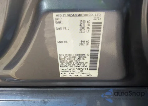 2015 Nissan Altima 2.5 Sv z USA, uszkodzony, nr VIN 1N4AL3AP5FC587611